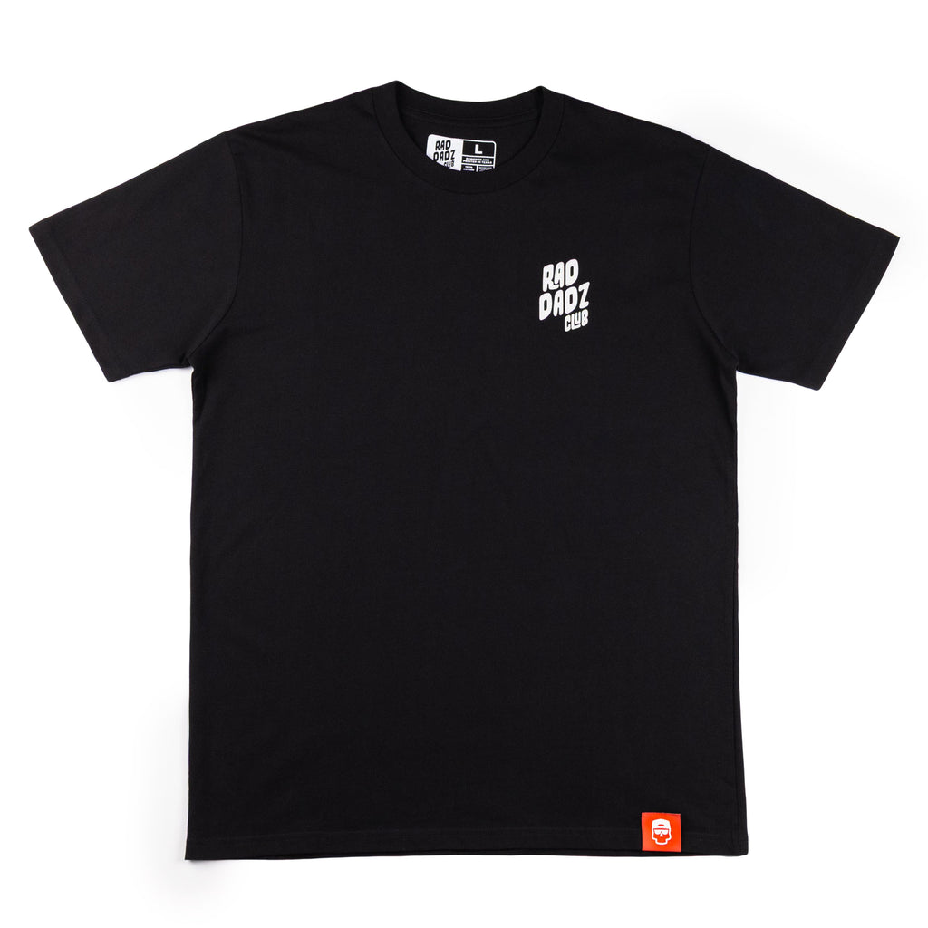 Black cotton t-shirt with a white logo on front left chest.