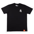 Black cotton t-shirt with a white logo on front left chest.