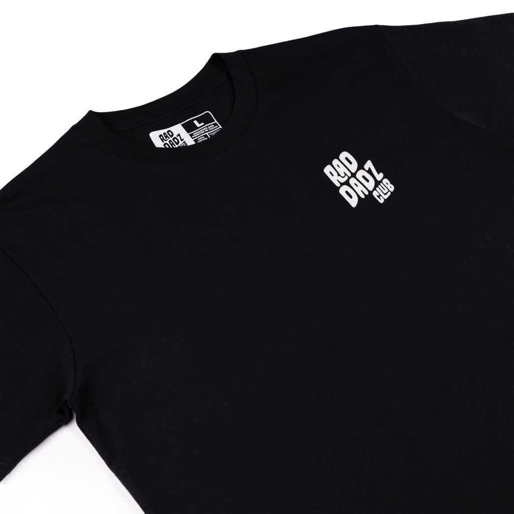 Black cotton t-shirt with a white logo on front left chest.