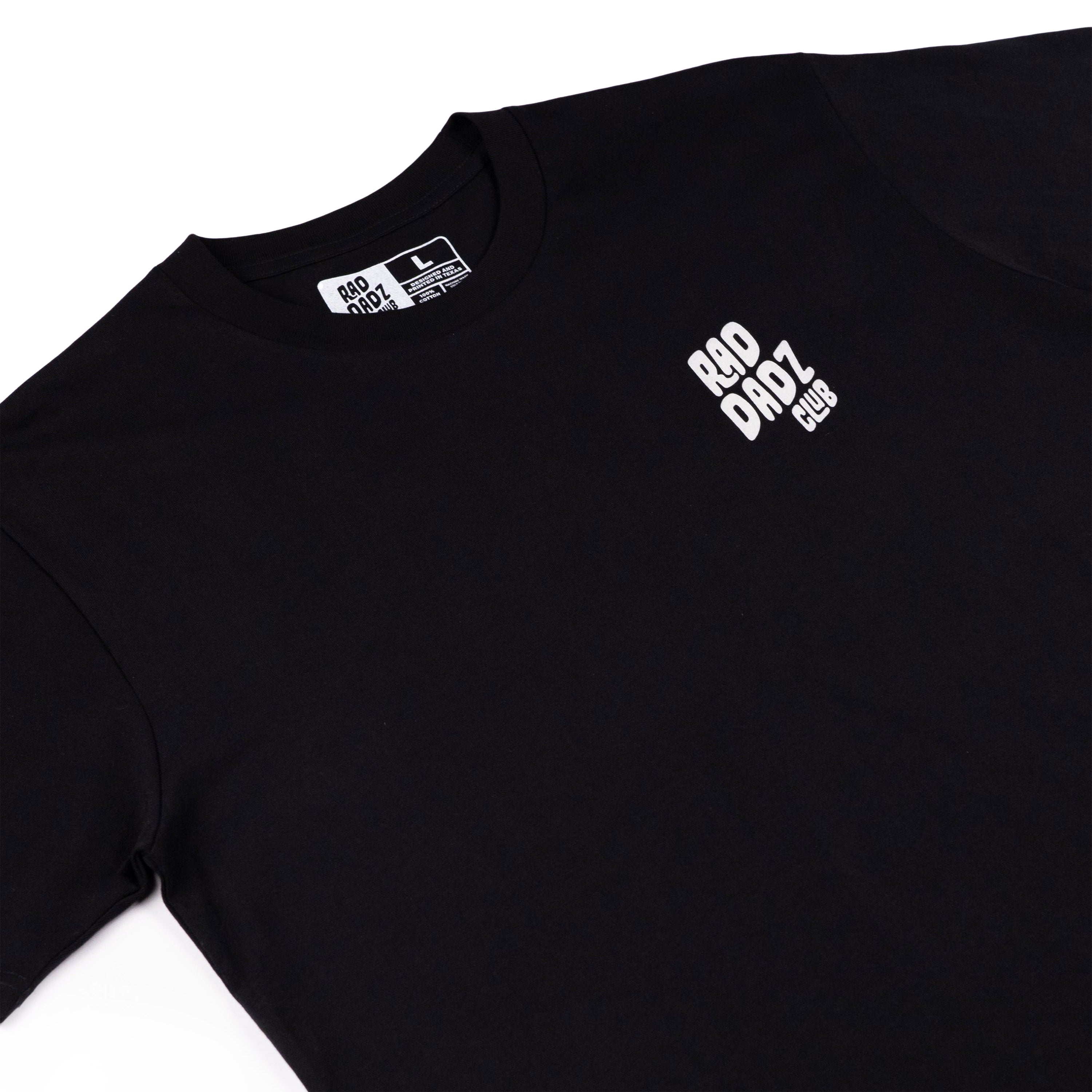 Black cotton t-shirt with a white logo on front left chest.