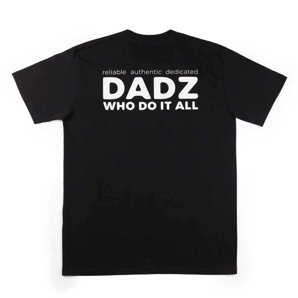 Back of a black cotton t-shirt with a white logo in the middle.