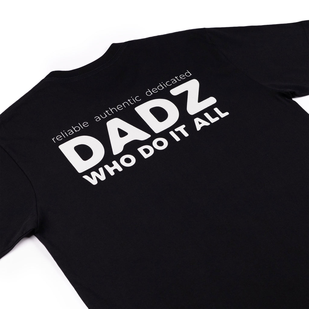 Back of a black cotton t-shirt with a white logo in the middle.