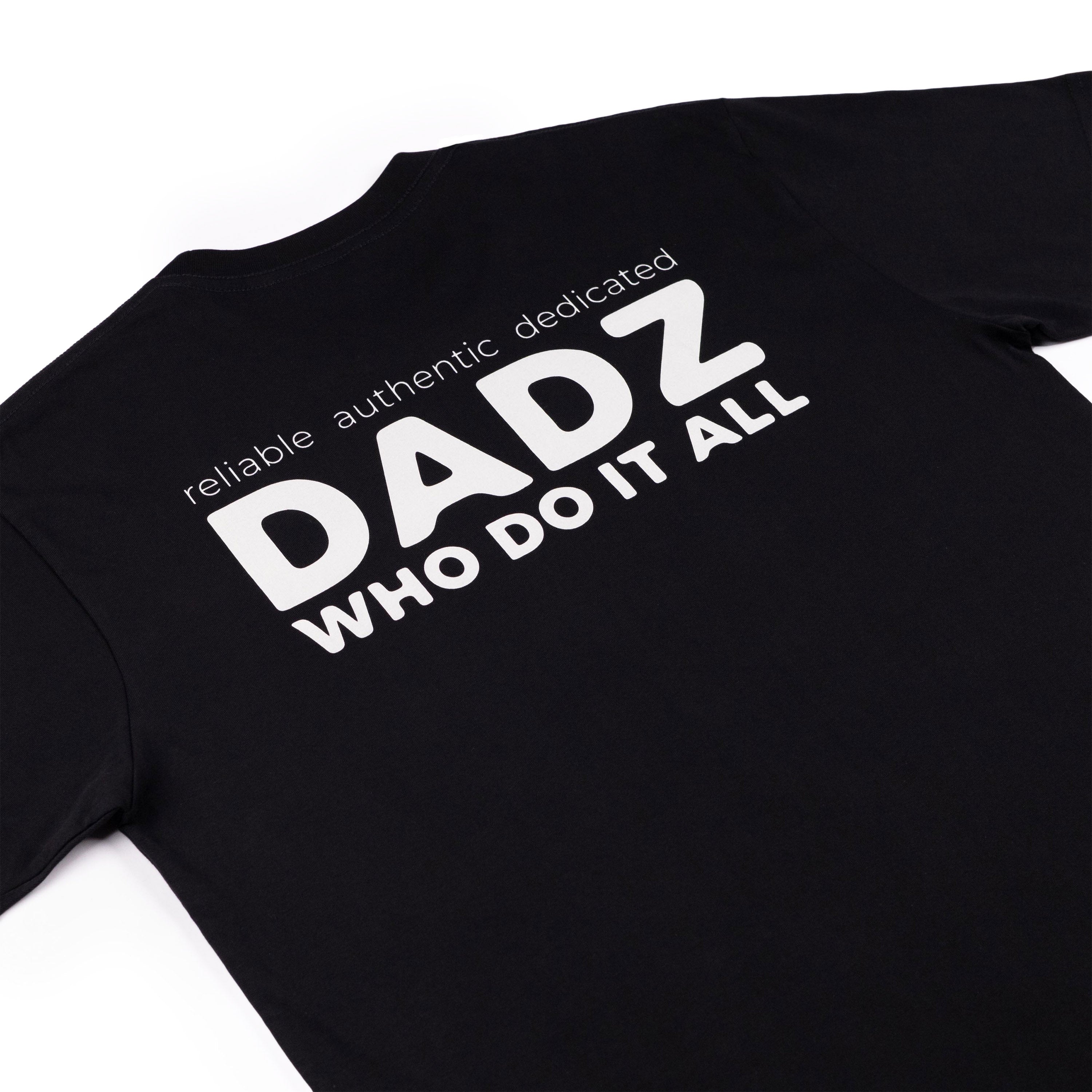 Back of a black cotton t-shirt with a white logo in the middle.